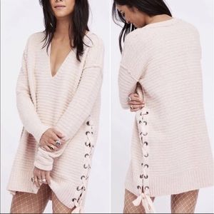 Free People Large Ballet Pink Heart It Laces Sweater/Sweater Dress orig $148